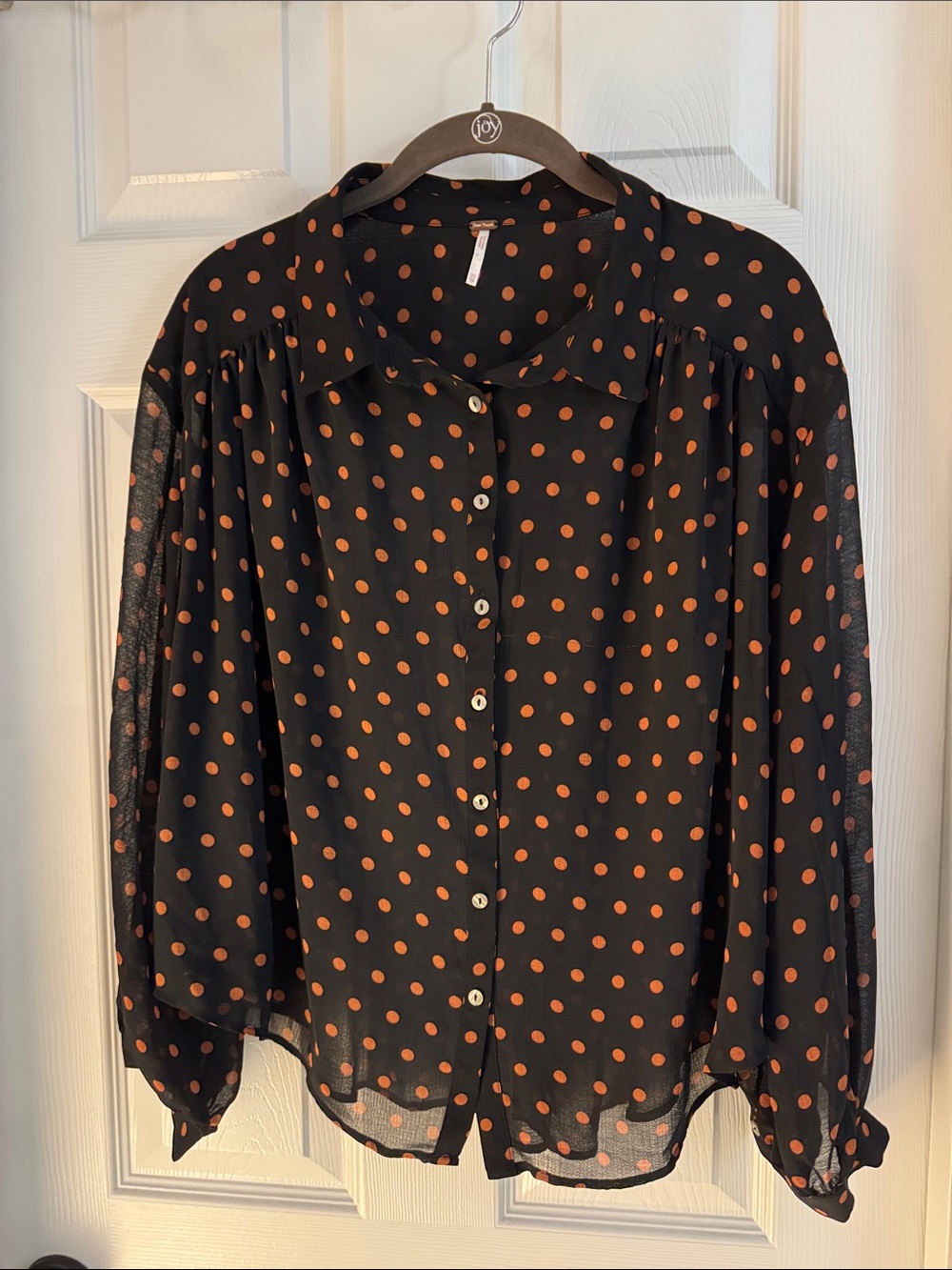 Free People Black Button-Down Blouse with Orange Polka Dots